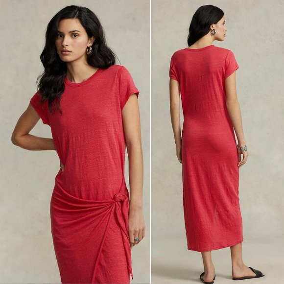 POLO Ralph Lauren Maxi T-shirt DRESS Size S Red LINEN Knot Detail Gathered NEW - Picture 4 of 8